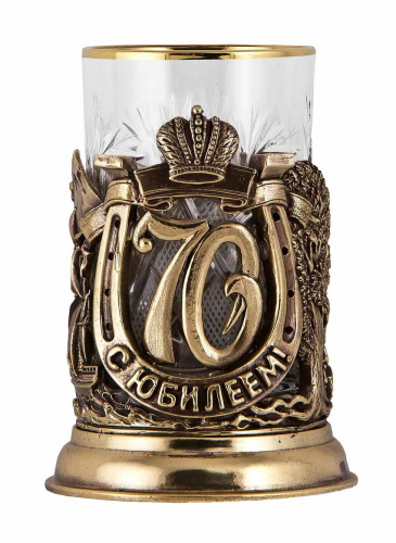 Набор для чая "С юбилеем-70 лет" (стакан-хрусталь с золотым ободком, кожаный футляр с бронзовой накладкой, ложка- латунь) фото 2 Набор для чая "С юбилеем-70 лет" (стакан-хрусталь с золотым ободком, кожаный футляр с бронзовой накладкой, ложка- латунь) фото 2
