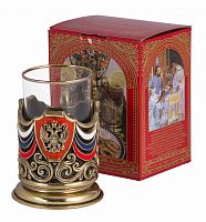 Подстаканник "Россия" (точное литье, цветные ювелирные эмали,стакан-стекло с золотым ободком, картонная коробка)