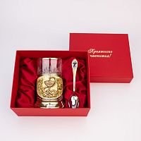 Набор для чая "Медики" (3 пр.) карт.футляр, хруст.стакан (медальон "Чаша со змеей"+лазерная гравировка), ложка-нерж.грав.