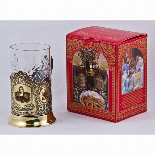 Подстаканник "Лучшая мама" карт.коробка, хруст.стакан,латунь,гравировка в 4-х местах