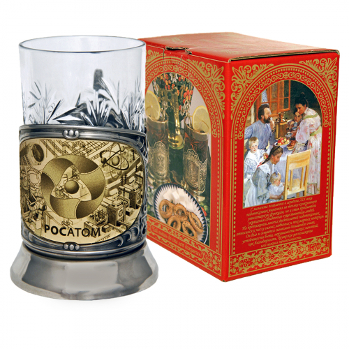 Подстаканник   "Атомная энергия" карт.коробка, хруст.стакан, латунь никелированная, гравировка