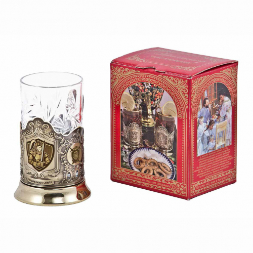 Подстаканник "Рыцарю моего сердца"карт.коробка, хруст.стакан,латунь,гравировка в 4-х местах