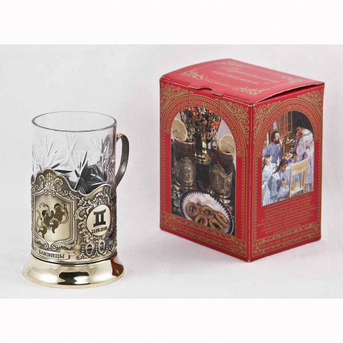 Подстаканник "Близнецы" карт.коробка, хруст.стакан,латунь,гравировка в 4-х местах