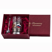 Набор для чая "Россия" (3 пр.)-Георг. карт.футляр, хруст.стакан,штамп,ложка-нерж.грав.,цветные эмали.