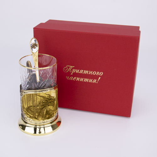 Набор для чая "Дракон" (3 пр.) карт.футляр, хруст.стакан, латунь, гравировка, ложка-нерж.грав. фото 4 Набор для чая "Дракон" (3 пр.) карт.футляр, хруст.стакан, латунь, гравировка, ложка-нерж.грав. фото 4