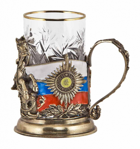 Набор для чая "Георгий-Победоносец" (цветные ювелирные эмали, стакан-хрусталь с золотым ободком, кожаный футляр с бронзовой накладкой, ложка- латунь) фото 4