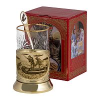 Набор для чая   "На рыбалке" (3 пр.) карт.коробка, хруст.стакан, латунь, гравировка,ложка-нерж.зол. грав.