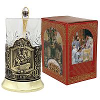 Набор для чая "Медн.всадник" (3 пр.) карт.коробка, хруст.стакан,латунь,штамп,ложка-нерж.грав.