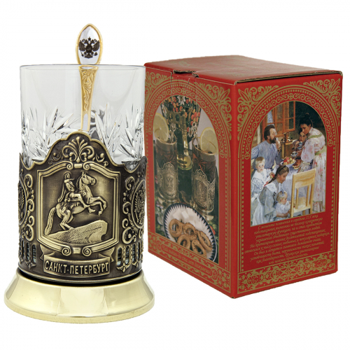 Набор для чая "Медн.всадник" (3 пр.) карт.коробка, хруст.стакан,латунь,штамп,ложка-нерж.грав.