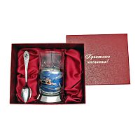 Набор для чая "Рыбалка морская" (3 пр.) цветой, карт.футляр, хруст.стакан, латунь никелированная, термоперенос, ложка-нерж.,термоперенос.
