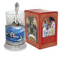 Набор для чая "Рыбалка морская" (3 пр.) цветой, карт.коробка, хруст.стакан, латунь никелированная, термоперенос, ложка-нерж.,термоперенос.