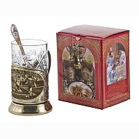 Набор для чая   "Футбол" (3 пр.) карт.коробка, хруст.стакан, латунь, гравировка,ложка-нерж.зол. грав.