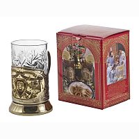 Подстаканник   "Лев"(Сила.Воля.Власть.Мудрость) карт.коробка, хруст.стакан, латунь, гравировка