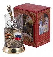 Набор для чая "Россия" (3 пр.)-Георг. карт.коробка,хруст.стакан,штамп,гравировка,ложка-нерж.грав.,цветные эмали.