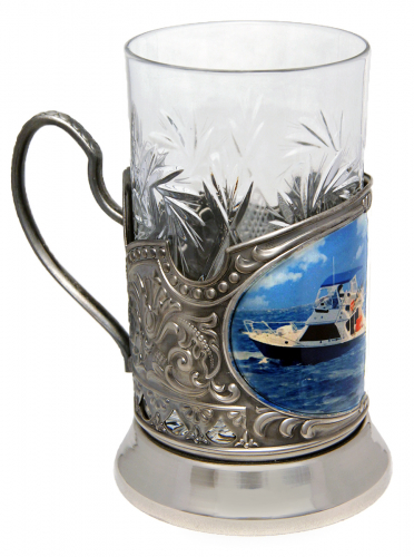 Набор для чая "Рыбалка морская" (3 пр.) цветой, карт.коробка, хруст.стакан, латунь никелированная, термоперенос, ложка-нерж.,термоперенос. фото 5