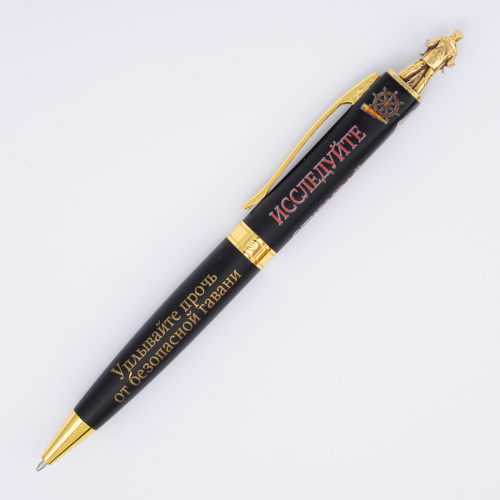 Ручка "Капитан" (металл. шариковая ручка с навершием в виде фигурки из латуни, УФ-печать, лаз. грав.) с блокнотом в футляре, черная фото 7 Ручка "Капитан" (металл. шариковая ручка с навершием в виде фигурки из латуни, УФ-печать, лаз. грав.) с блокнотом в футляре, черная фото 7