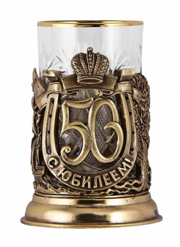 Набор для чая "С юбилеем-50 лет" (стакан-хрусталь с золотым ободком, кожаный футляр с бронзовой накладкой, ложка- латунь) фото 2 Набор для чая "С юбилеем-50 лет" (стакан-хрусталь с золотым ободком, кожаный футляр с бронзовой накладкой, ложка- латунь) фото 2