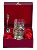 Набор для чая "Россия" (3 пр.)-Георг. дерев.футляр, хруст.стакан,штамп,гравировка,ложка-нерж.грав.,цветные эмали.