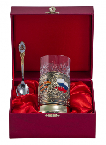 Набор для чая "Россия" (3 пр.)-Георг. дерев.футляр, хруст.стакан,штамп,гравировка,ложка-нерж.грав.,цветные эмали.