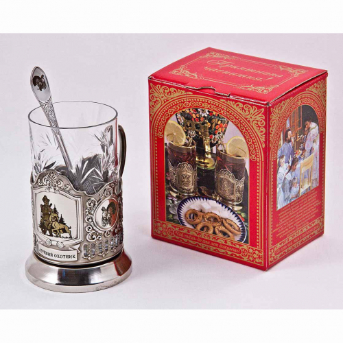 Набор д/чая "Лучший охотник"(3 пр.)карт.кор, хруст.ст.,грав. в 4-х местах,ложка-нерж.грав.