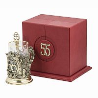 Набор для чая "С юбилеем-55 лет" (стакан-хрусталь с золотым ободком, кожаный футляр с бронзовой накладкой, ложка- латунь)
