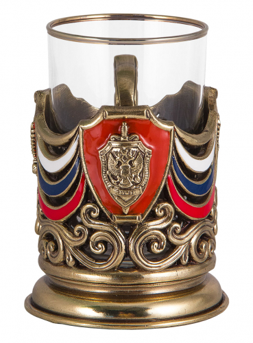Подстаканник "Герб ФСБ" (точное литье, цветные ювелирные эмали,стакан-стекло с золотым ободком, деревянный футляр) фото 2 Подстаканник "Герб ФСБ" (точное литье, цветные ювелирные эмали,стакан-стекло с золотым ободком, деревянный футляр) фото 2