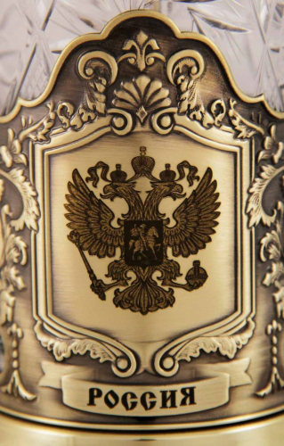 Подстаканник "Россия" дерев.футляр, хруст.стакан,латунь,гравировка фото 2