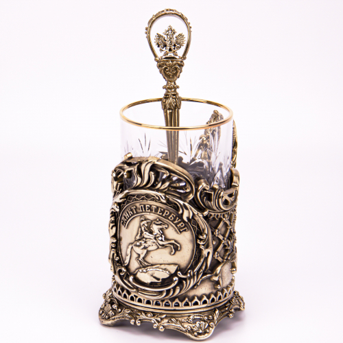 Набор для чая "Санкт-Петербург" (стакан-хрусталь с золотым ободком, деревянный футляр, ложка-латунь) фото 7