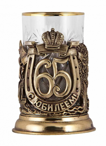 Набор для чая "С юбилеем-65 лет" (стакан-хрусталь с золотым ободком, кожаный футляр с бронзовой накладкой, ложка- латунь) фото 2